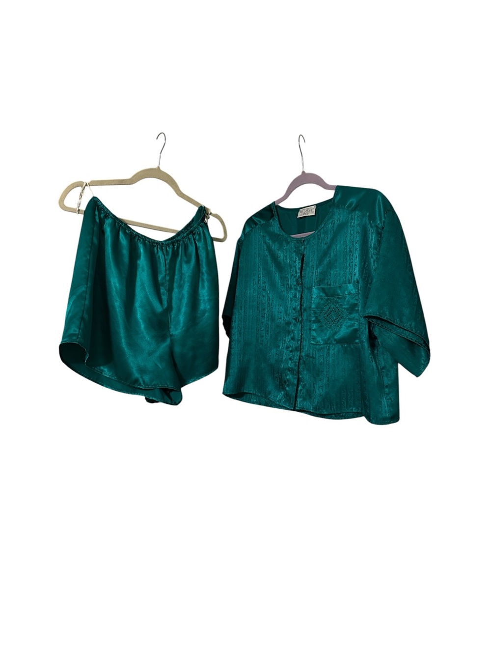 Vintage 1990s Val Mode Lingerie Two Piece Emerald Green Satin Polyester PJ Set M